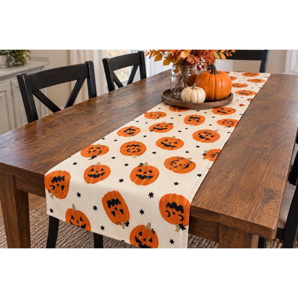 Halloween Table Runner 14.5x75 Jack O Lantern Pumpkin Orange Black Fall Decor